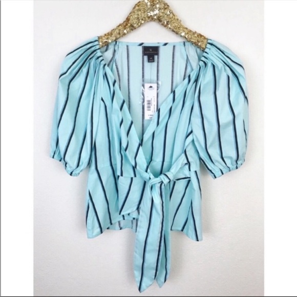 NWT Worthington Striped Print Short Sleeve Wrap Blouse Top Blue Black Size XS - Picture 2 of 5